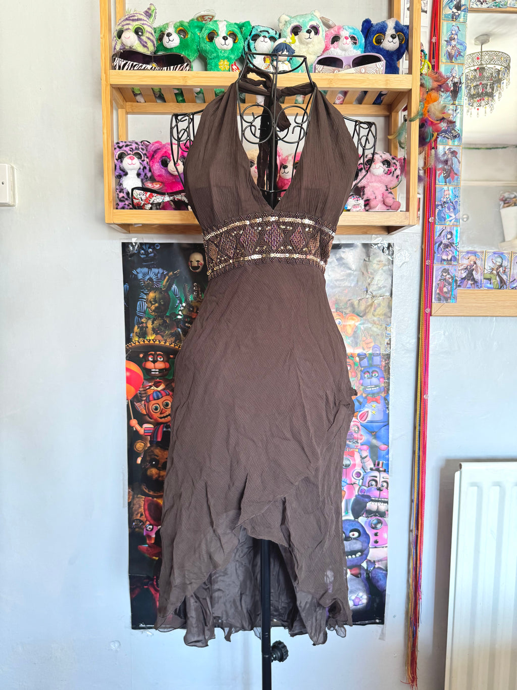 y2k vintage silk chocolate brown fitted asymmetrical fairy hem halterneck midi dress