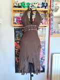 y2k vintage silk chocolate brown fitted asymmetrical fairy hem halterneck midi dress