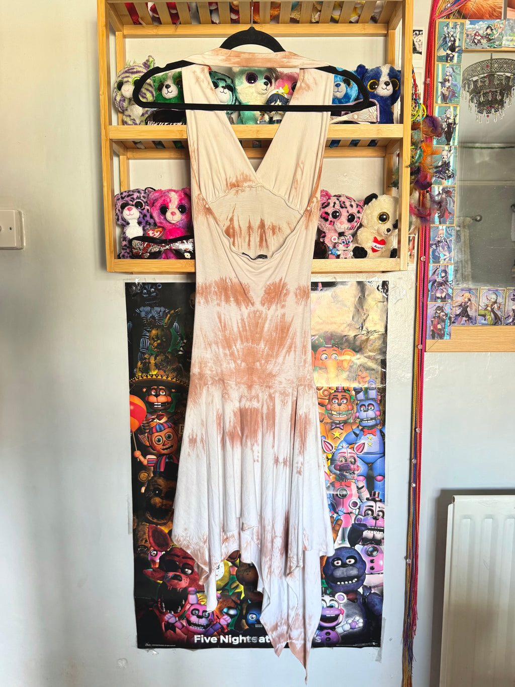 y2k vintage tie dye fitted halter midi dress with asymmetrical fairy hem