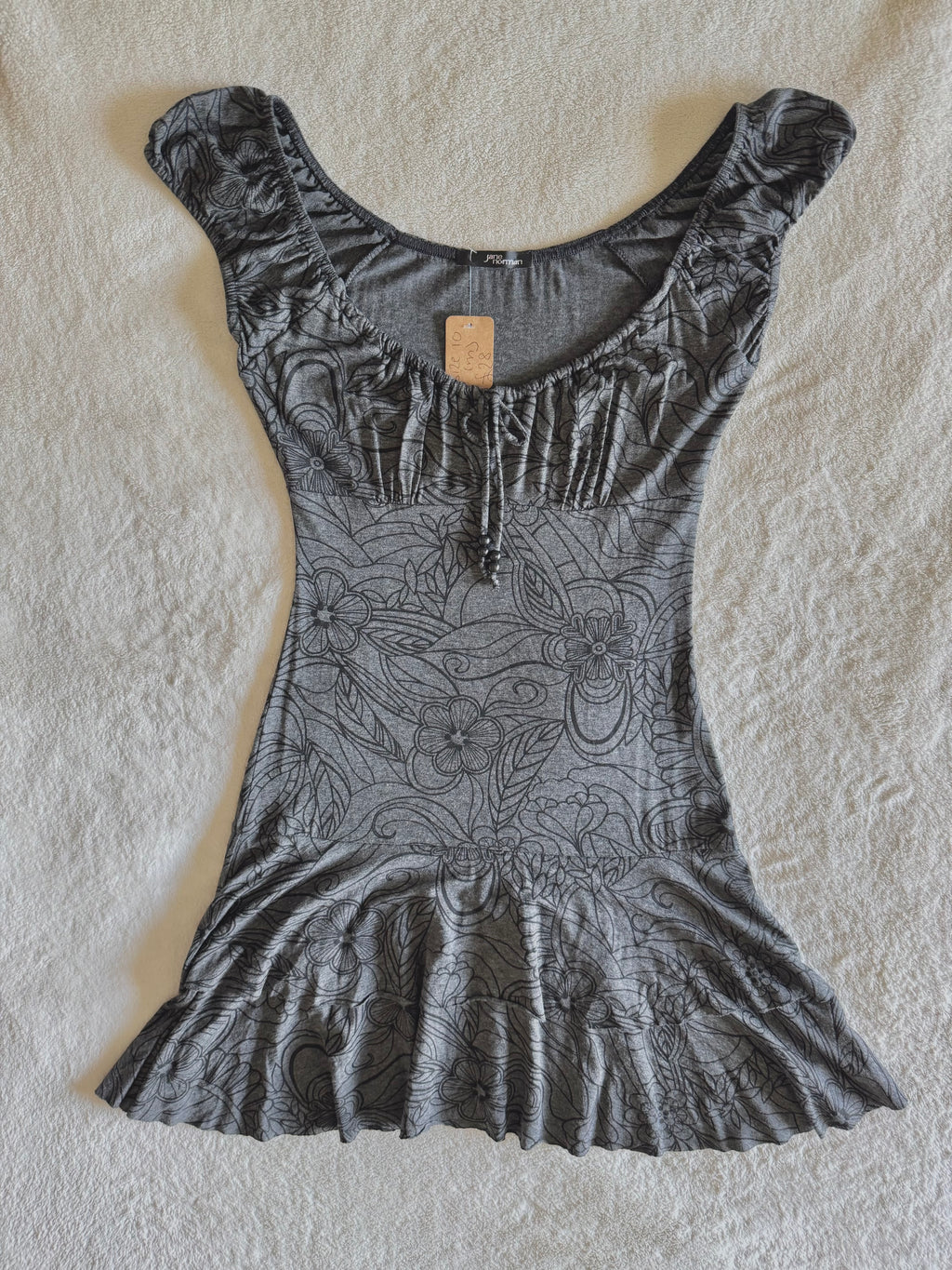 y2k vintage milkmaid floral print grey ruffle tiered mini dress