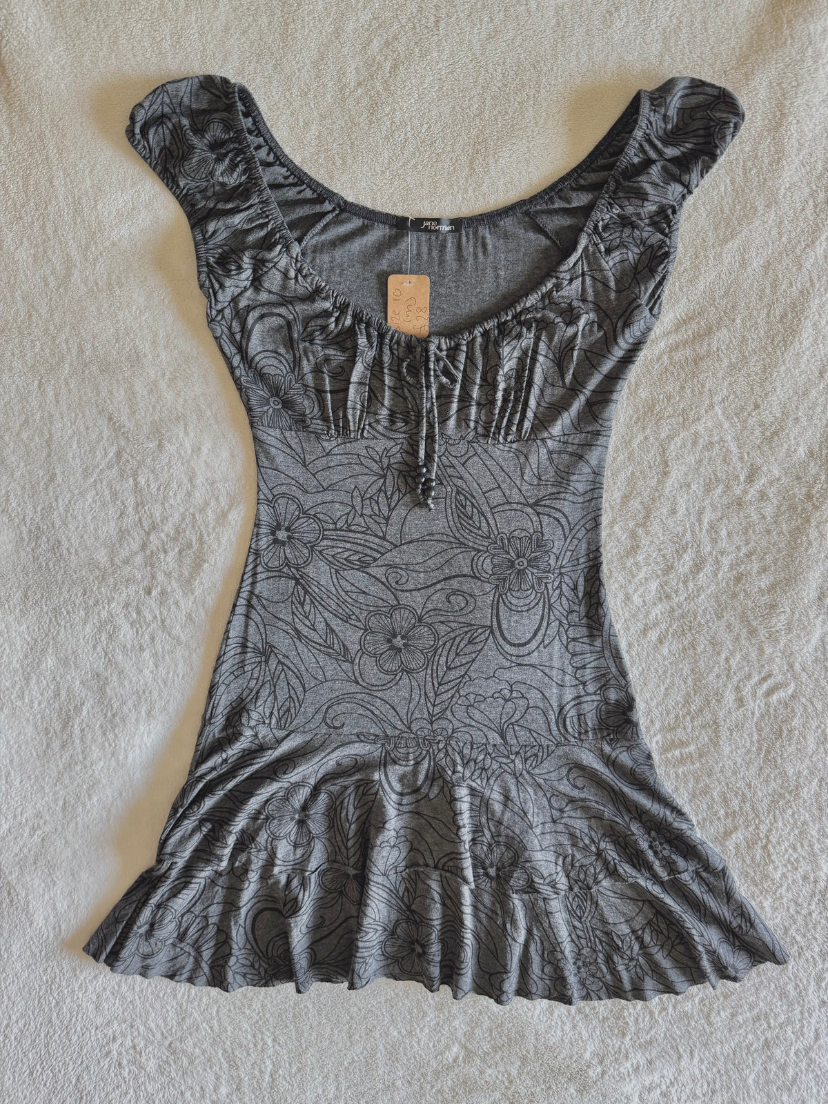 y2k vintage milkmaid floral print grey ruffle tiered mini dress