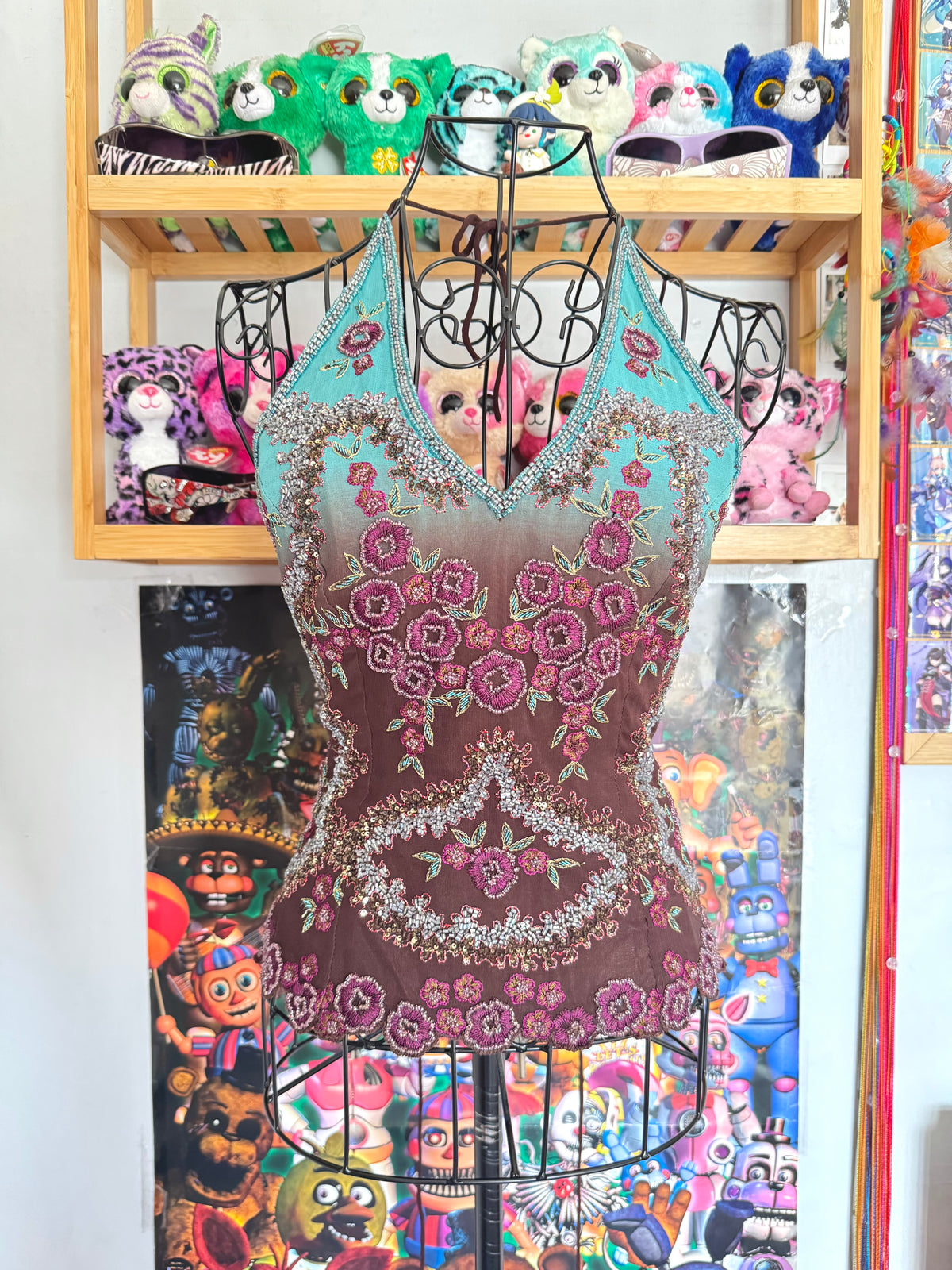 y2k vintage ombre turquoise and brown Aftershock silk lace back corset halter top