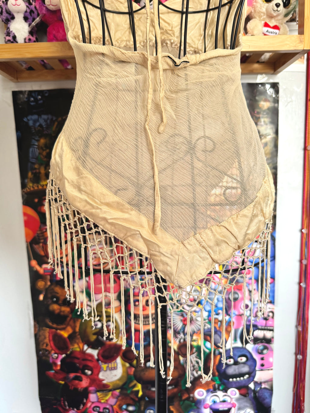 y2k vintage silk floral embroidery fitted halterneck top with lattice tassels festival western
