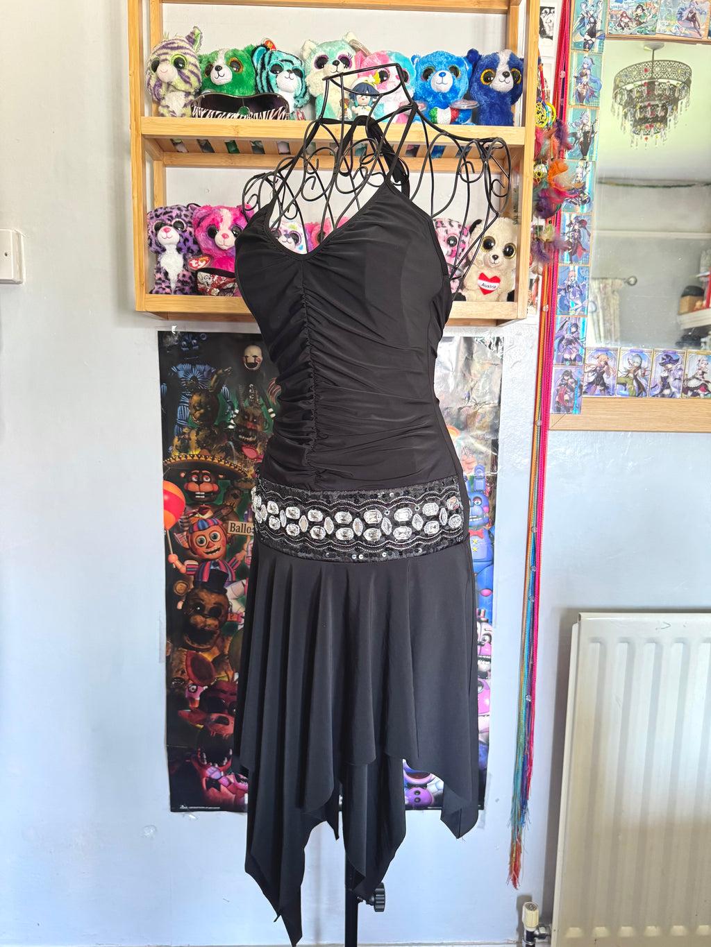 y2k vintage black sequin ruched slinky halterneck midi dress with hanky fairy hem