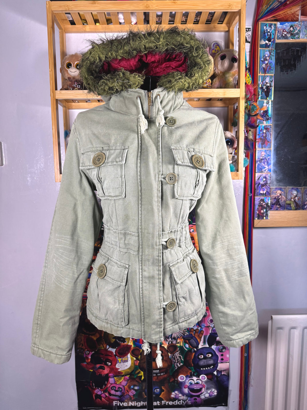 y2k vintage sage green fitted button up parka jacket with faux fur trim hood and cinch waist