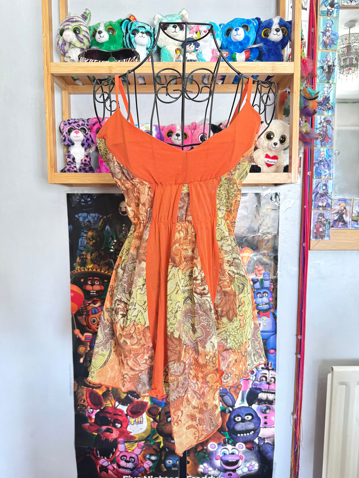y2k vintage mesh ruffled orange and green floral autumnal cami top