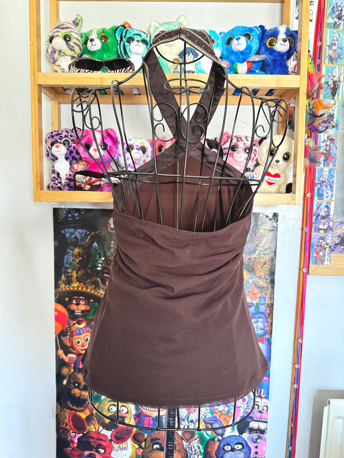 y2k vintage chocolate brown floral embroidered sequin halterneck fitted top fairycore