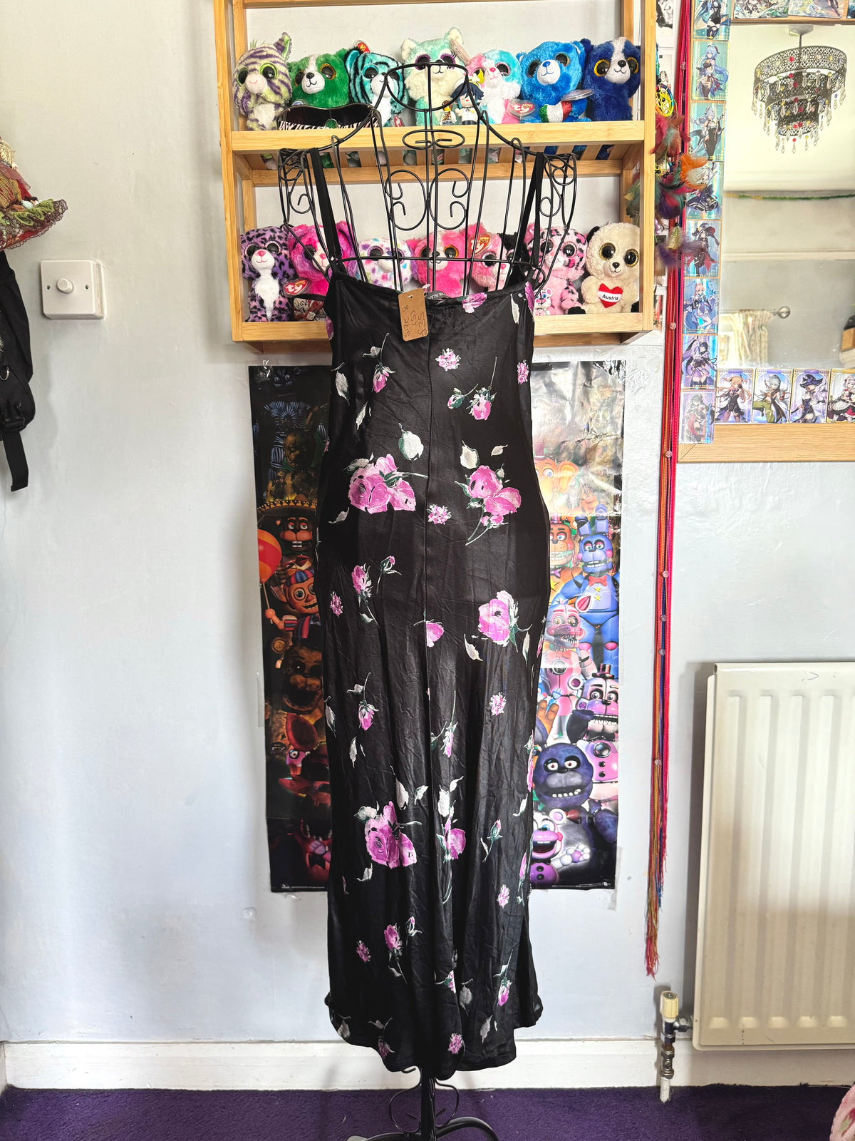 y2k vintage satin floral pattern asymmetric cut midi dress elegant