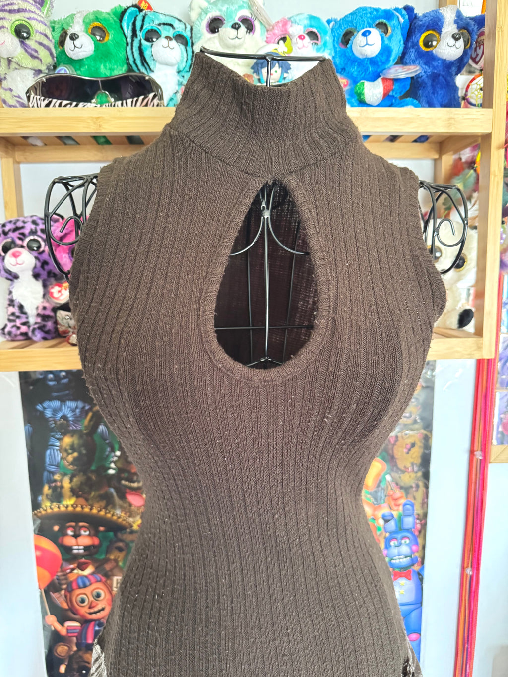 y2k vintage chocolate brown sleeveless fitted pleated mini dress with plaid and chest cut out