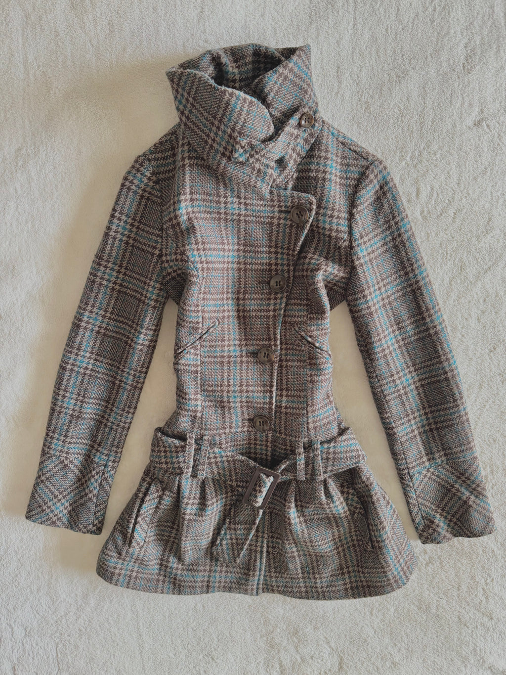 y2k vintage funnel neck plaid button up peacoat with detachable adjustable belt
