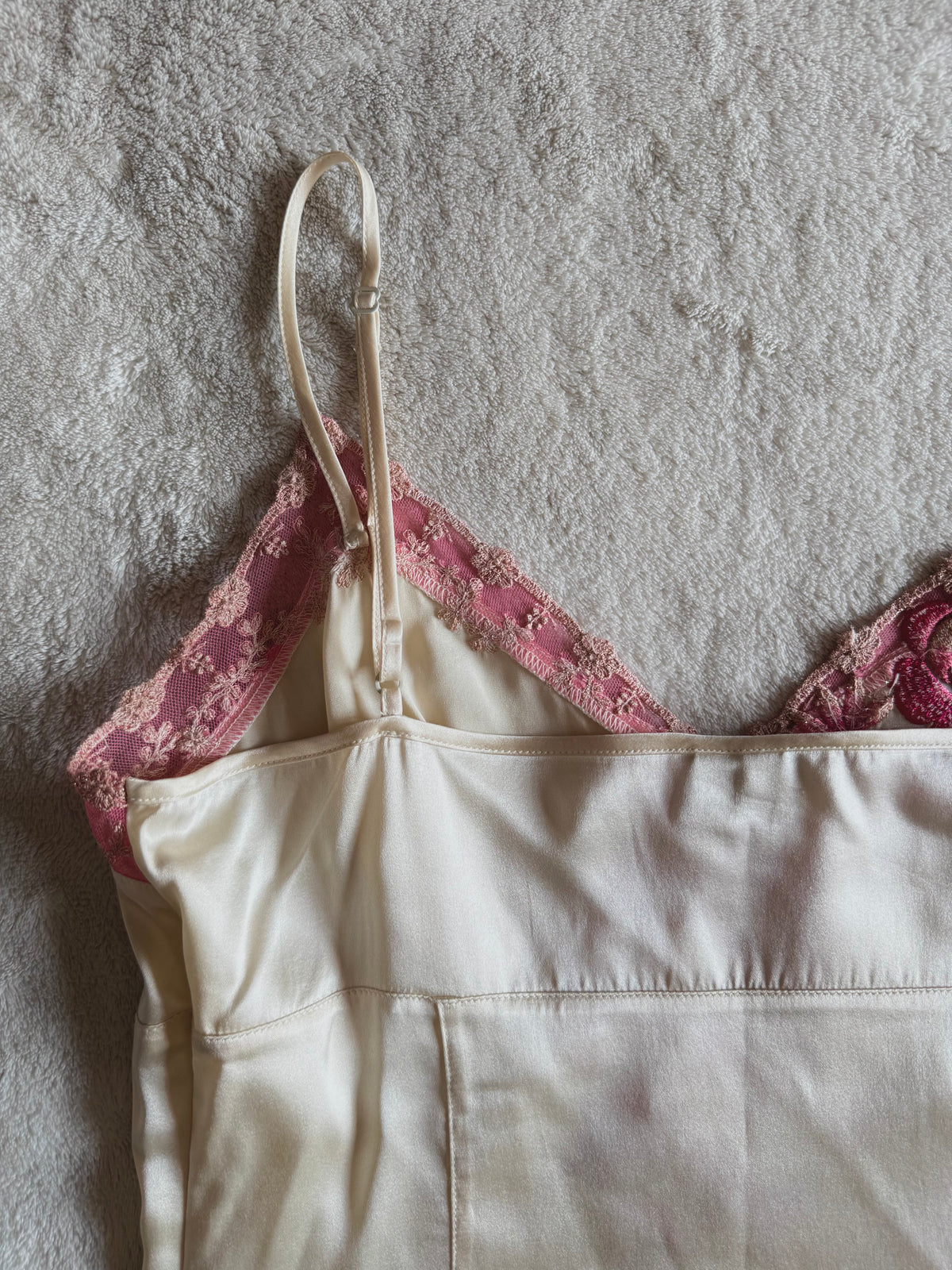 y2k vintage silk ivory white fitted cami top with pink floral embroidery