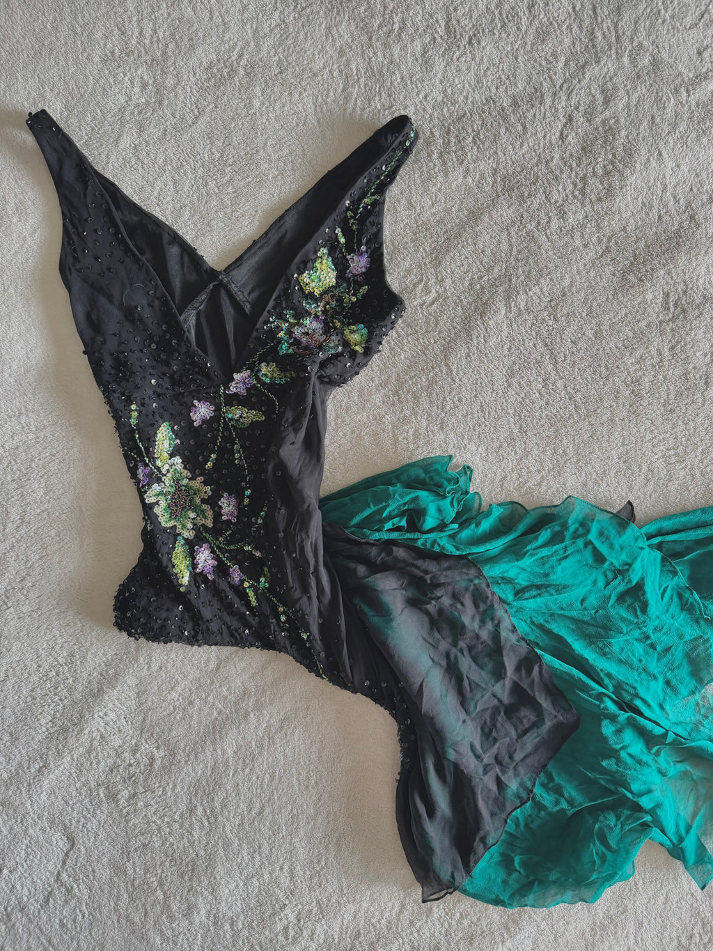 y2k vintage silk asymmetrical hem V-neck sequin embellished occasion dress