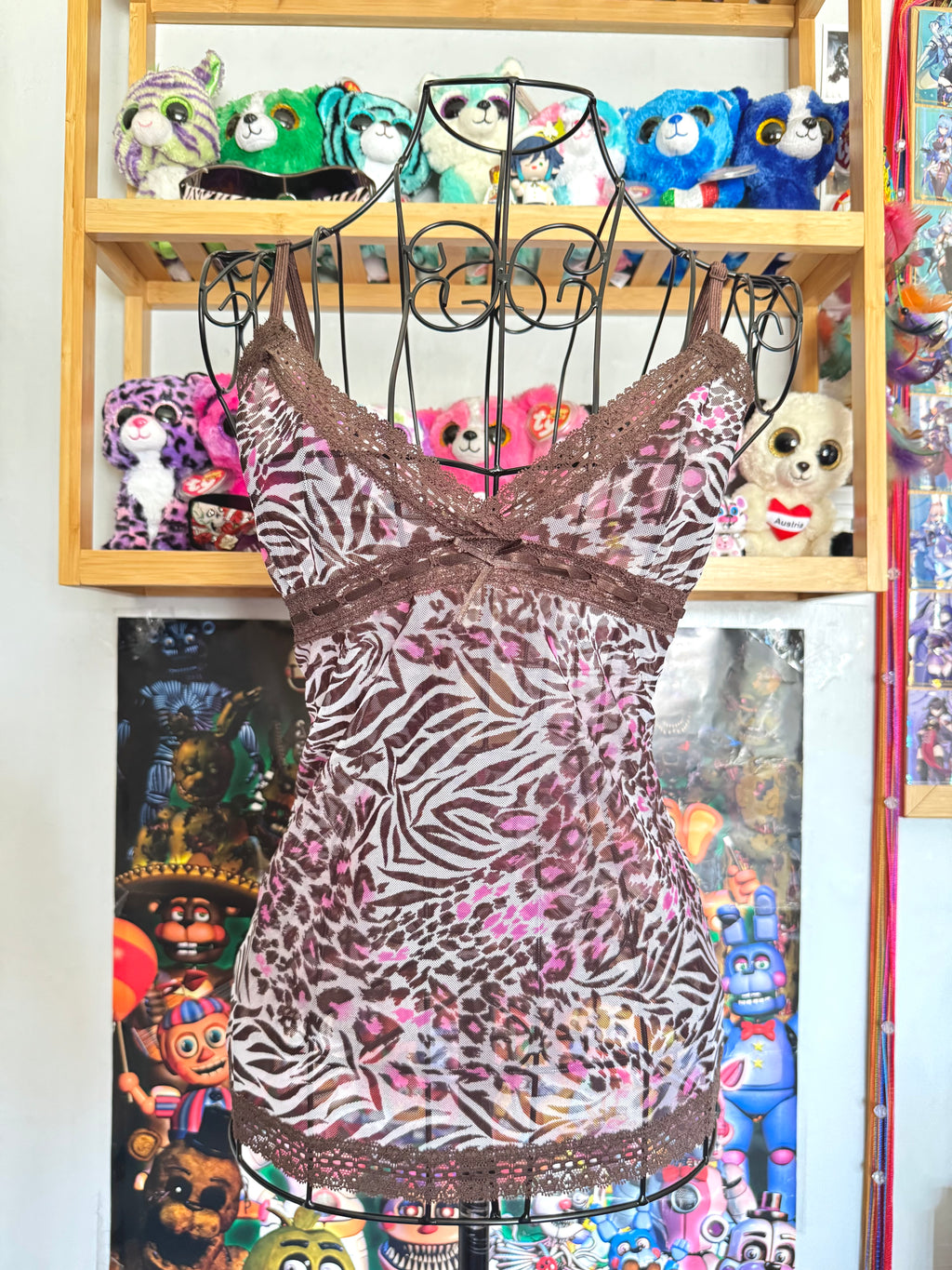 y2k vintage leopard and zebra print brown and hot pink sheer mesh cami top mcbling