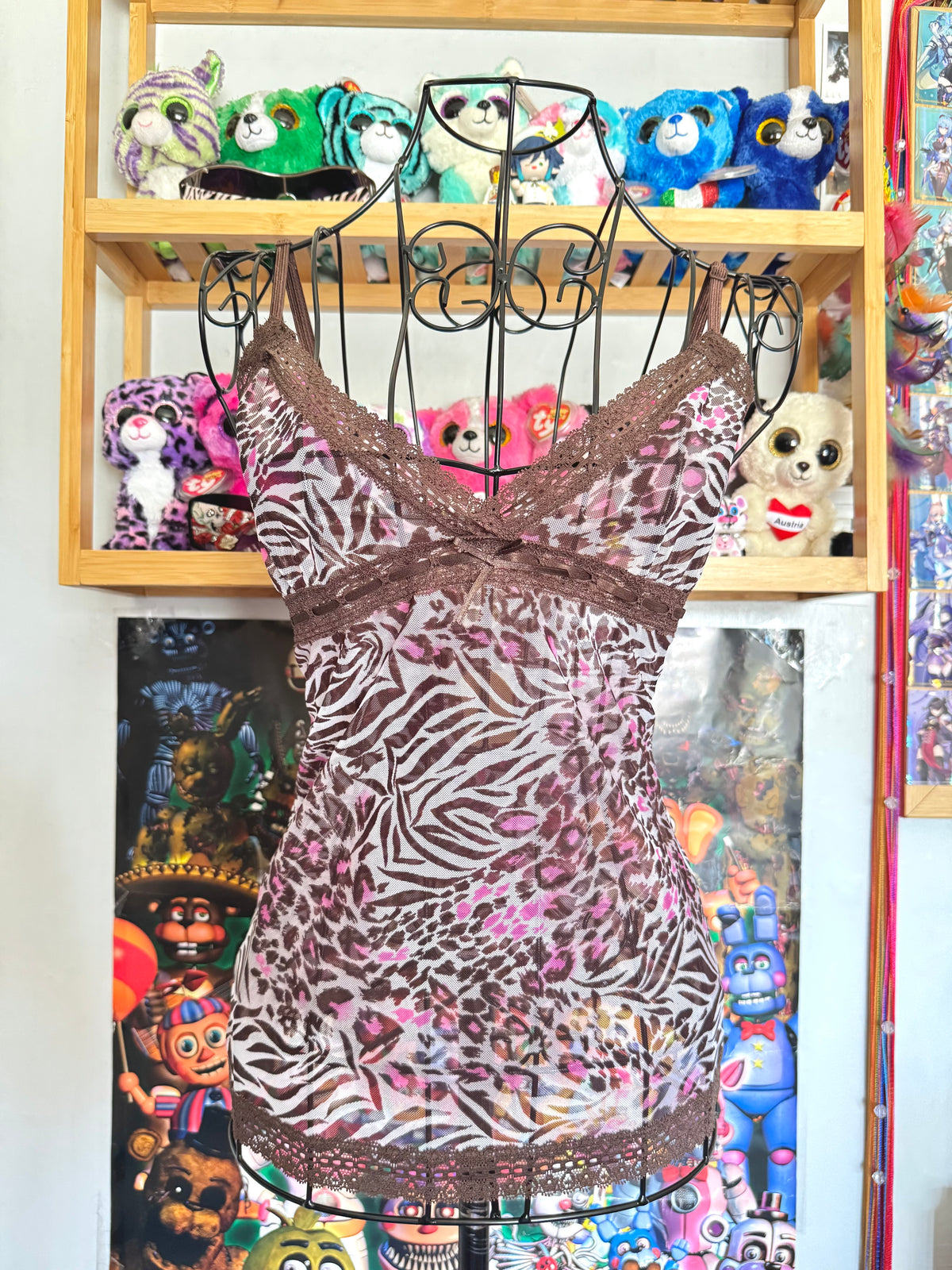 y2k vintage leopard and zebra print brown and hot pink sheer mesh cami top mcbling