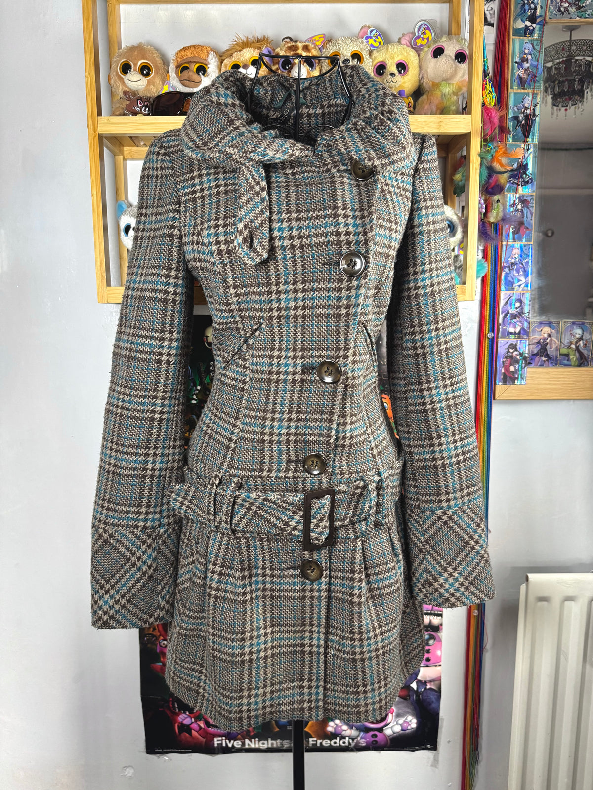 y2k vintage funnel neck plaid button up peacoat with detachable adjustable belt