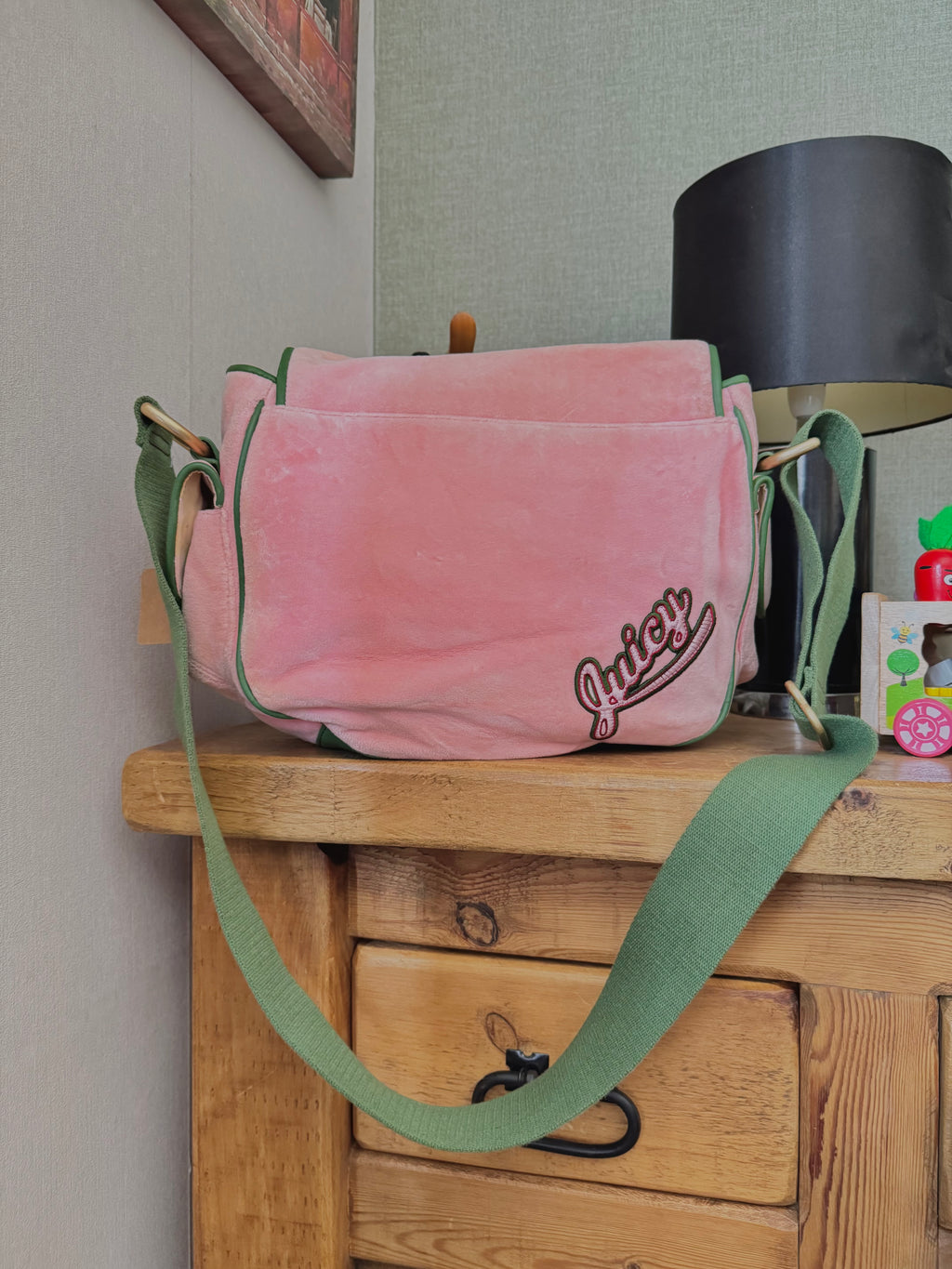 rare y2k vintage pink and green velour luxury Juicy Couture trustfund generation crossbody bag
