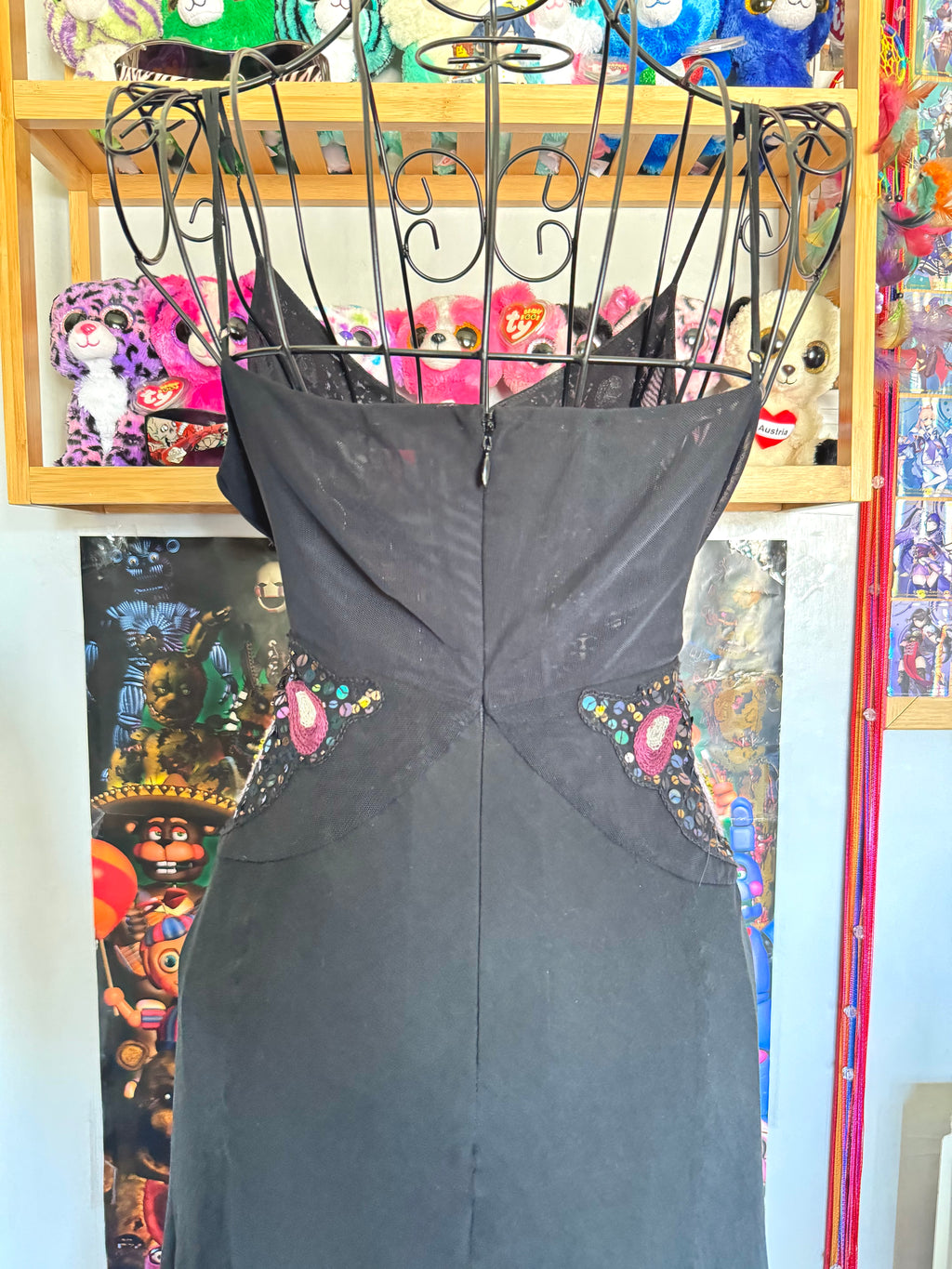 y2k vintage silk black and pink butterfly sequin embellished floaty fairy hem midaxi length dress