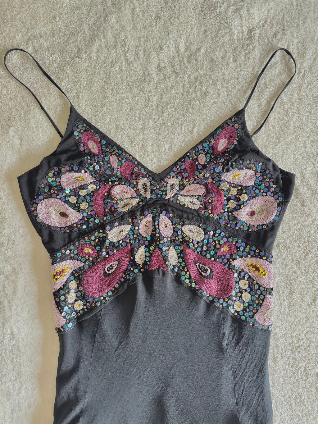 y2k vintage silk black and pink butterfly sequin embellished floaty fairy hem midaxi length dress