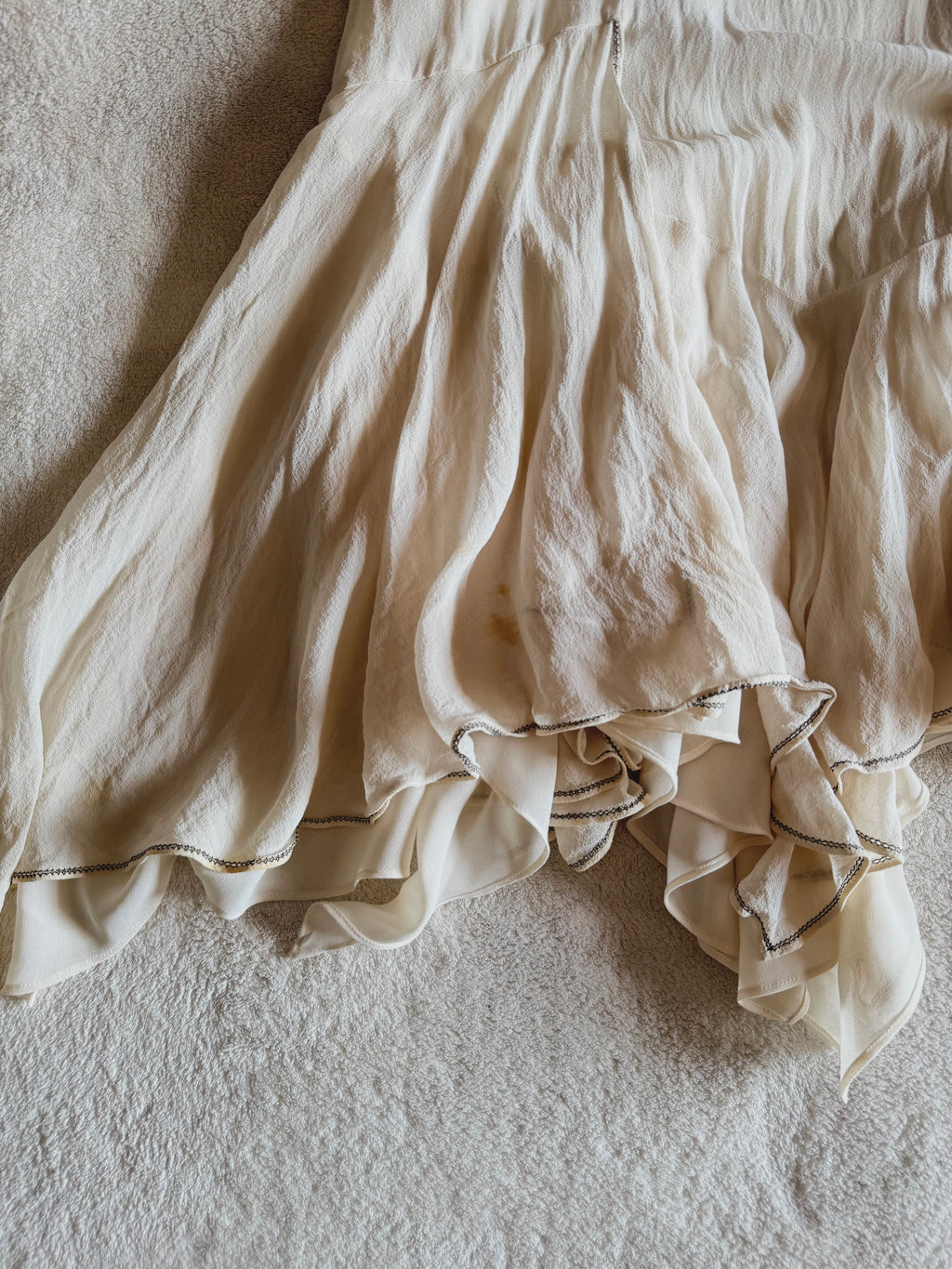 y2k vintage silk off white and black beaded midi dress with bulky layered hem fairycore