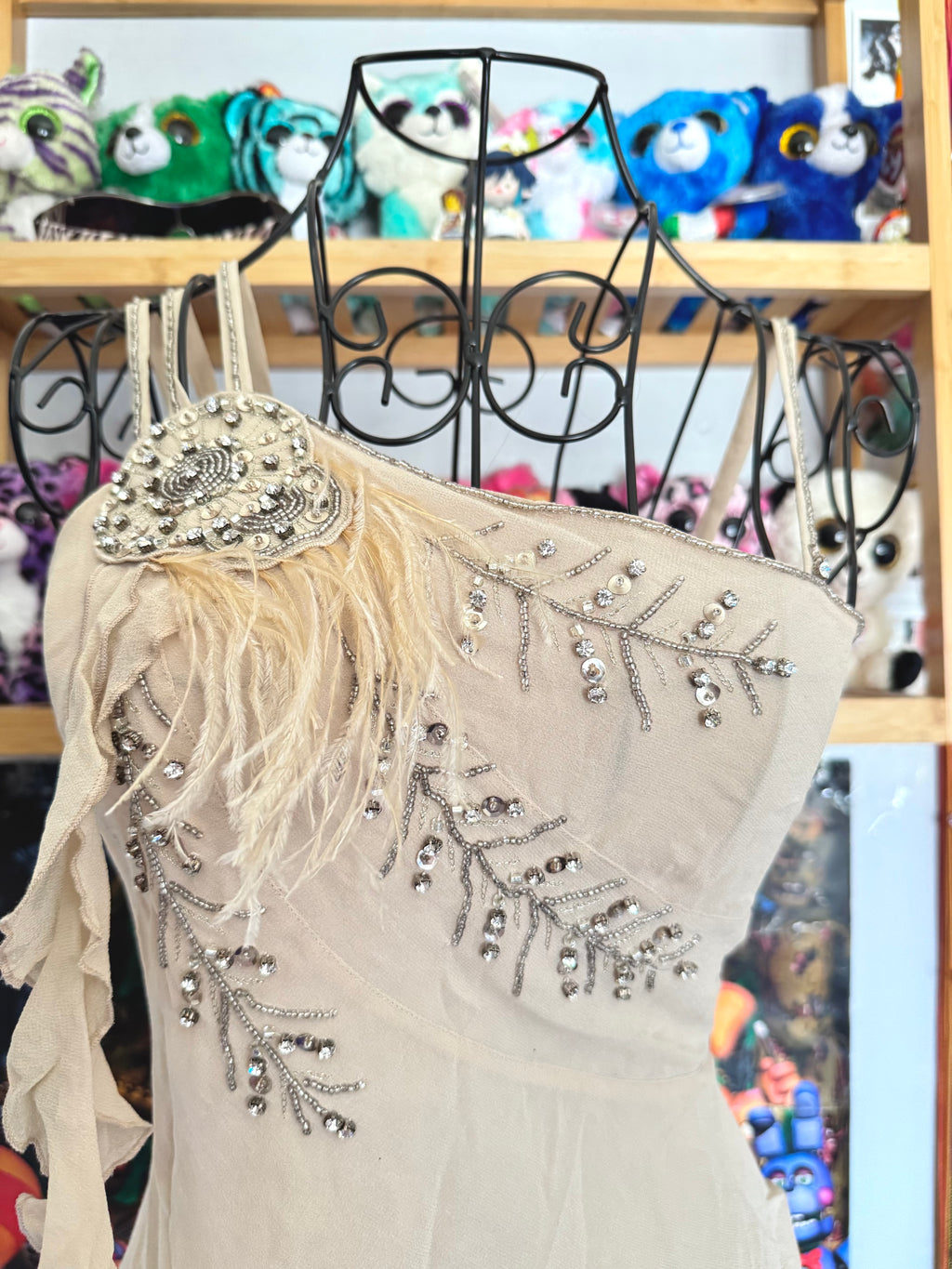y2k vintage bnwt deadstock beige fitted layered silk cami top with feathering and sequins