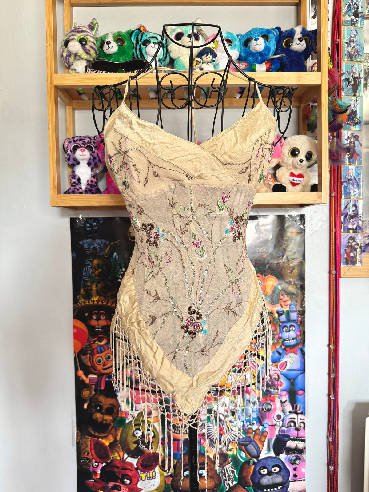 y2k vintage silk floral embroidery fitted halterneck top with lattice tassels festival western
