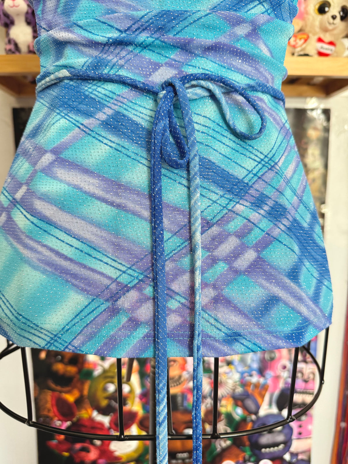 y2k vintage aqua blue fitted halterneck tie back top with glittery shimmer throughout