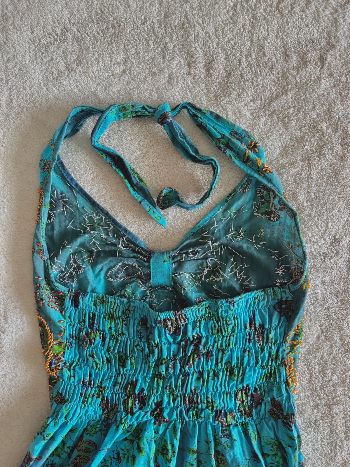 y2k vintage aqua and teal blue fitted beaded butterfly halterneck cami top
