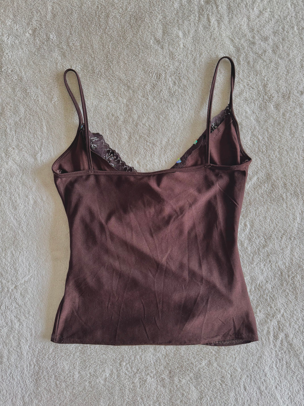 y2k vintage chocolate brown wrap style low cut sequin embellishment asymmetrical hem cami top