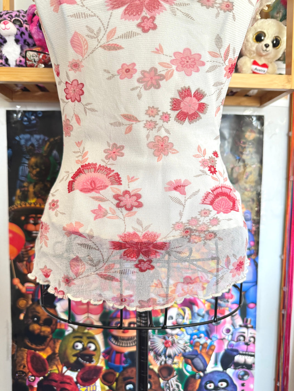 y2k vintage mesh floral print milkmaid style top with lettuce hem coquette