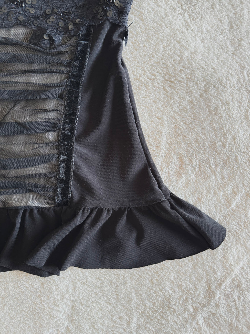 y2k vintage black mesh fitted cami top with ruffle hem and ruched milkmaid bust gothic