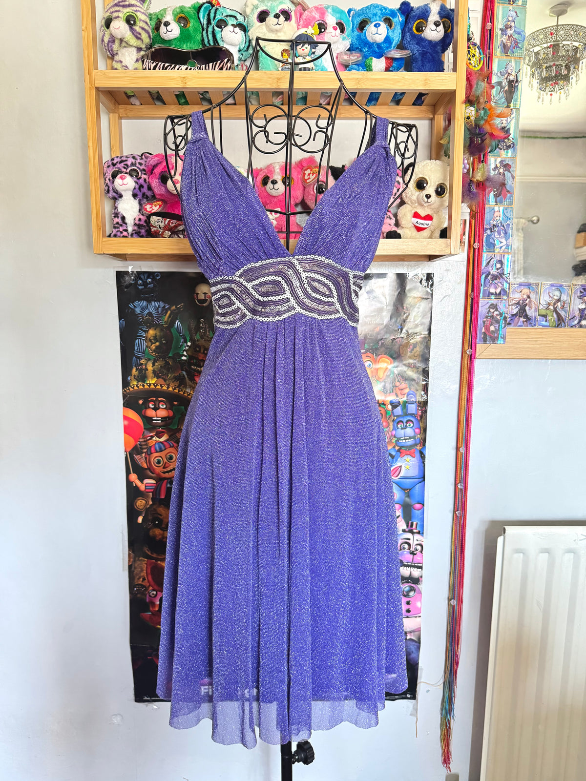 y2k vintage purple shimmery tie back sequin mesh mini dress