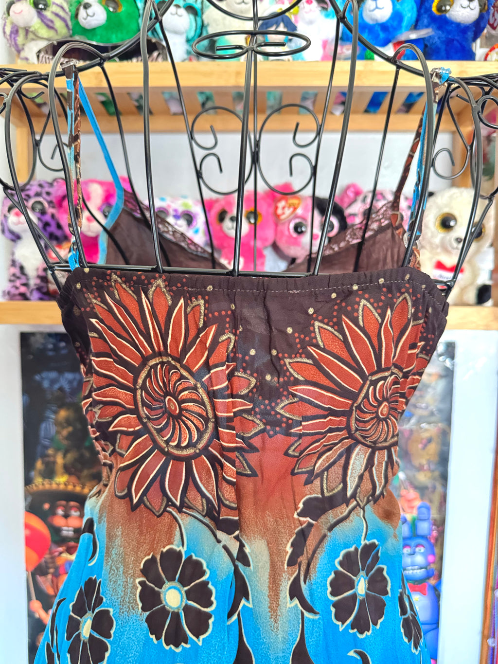 y2k vintage earthy blue and brown floral fitted cami top