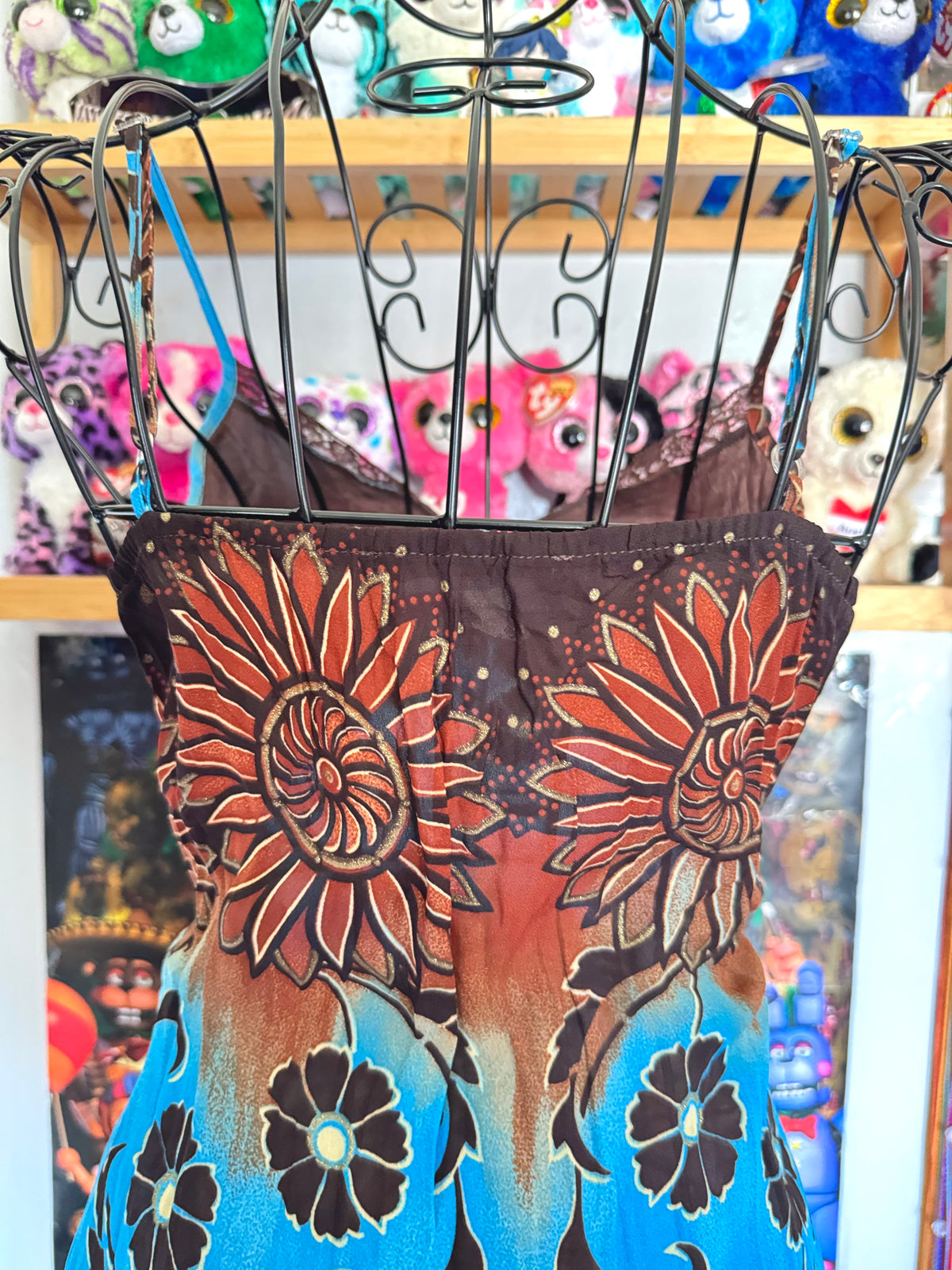 y2k vintage earthy blue and brown floral fitted cami top