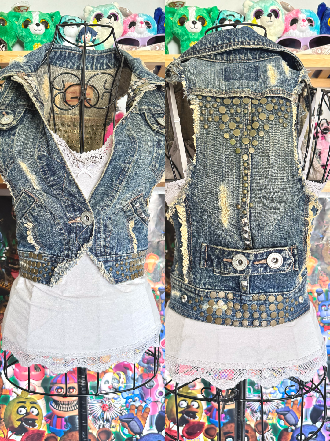 y2k vintage medium wash denim sleeveless waistcoat with studs and punk details