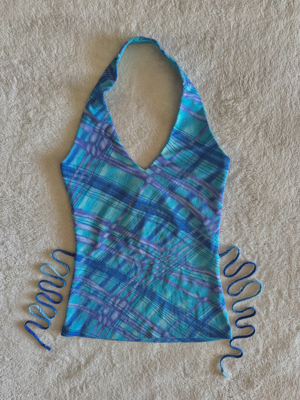 y2k vintage aqua blue fitted halterneck tie back top with glittery shimmer throughout