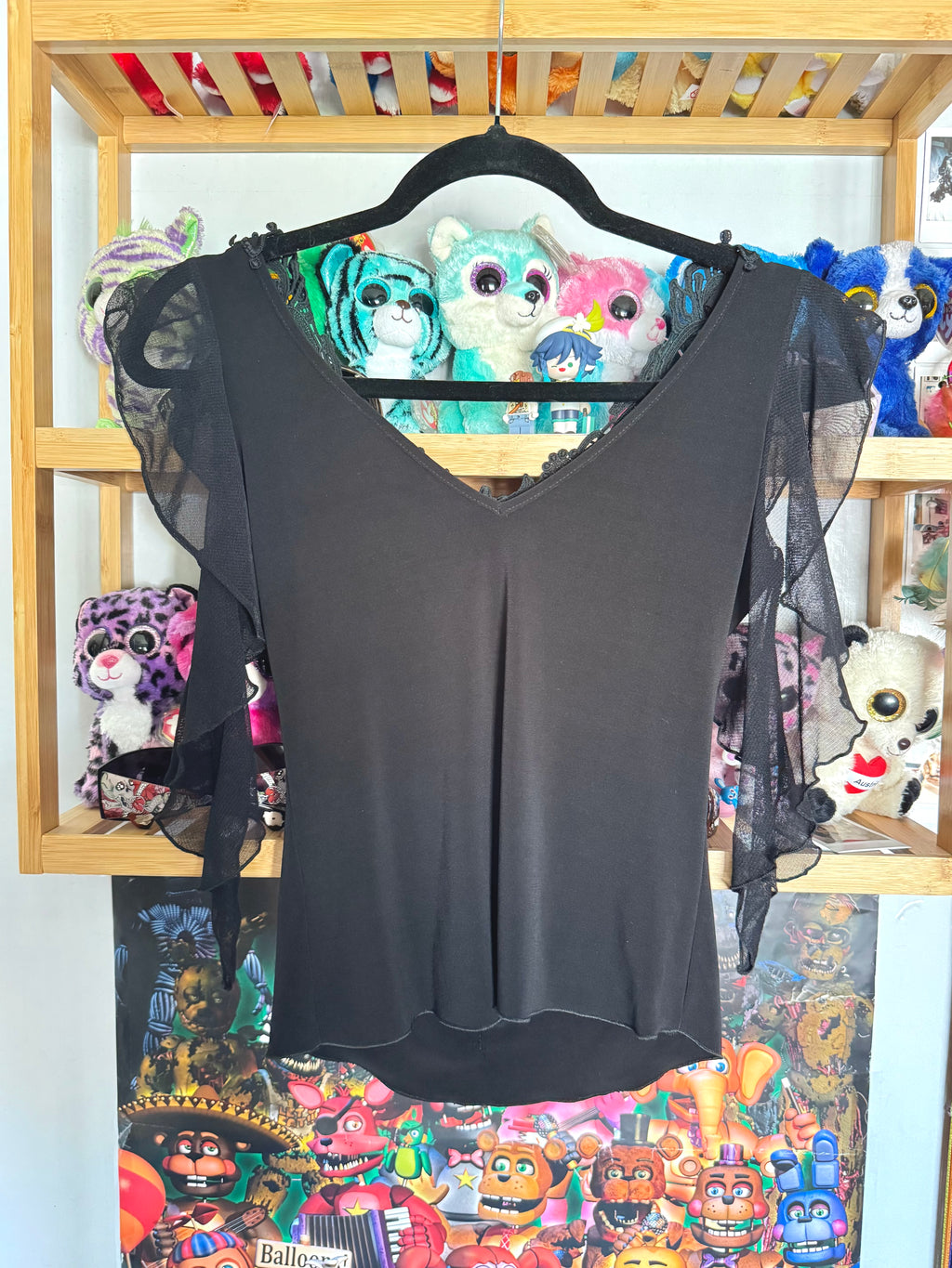 y2k vintage black mesh fitted top with lace front and tassel sleeves