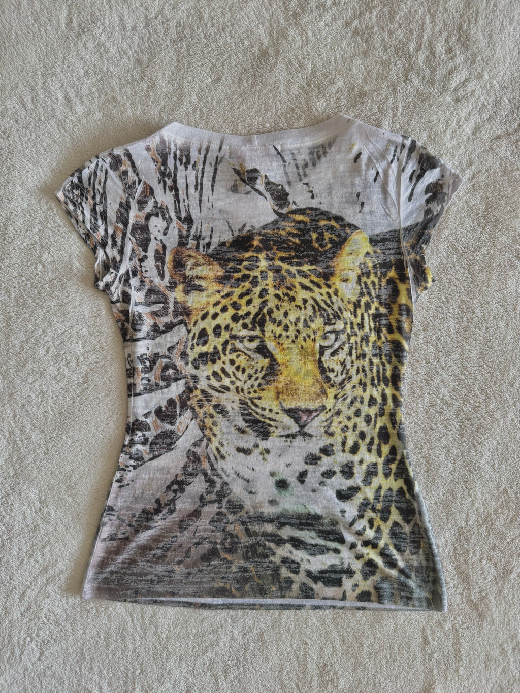 y2k vintage graphic leopard print sheer fitted tee affliction