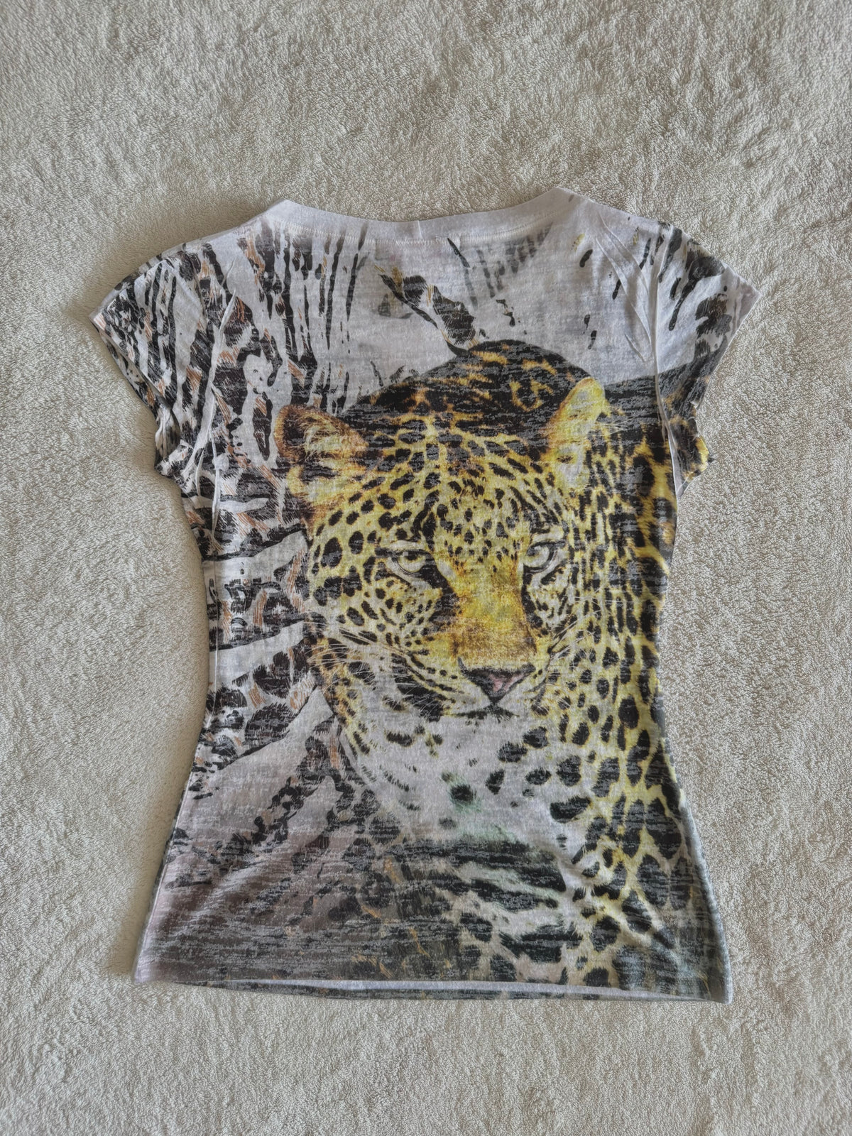 y2k vintage graphic leopard print sheer fitted tee affliction