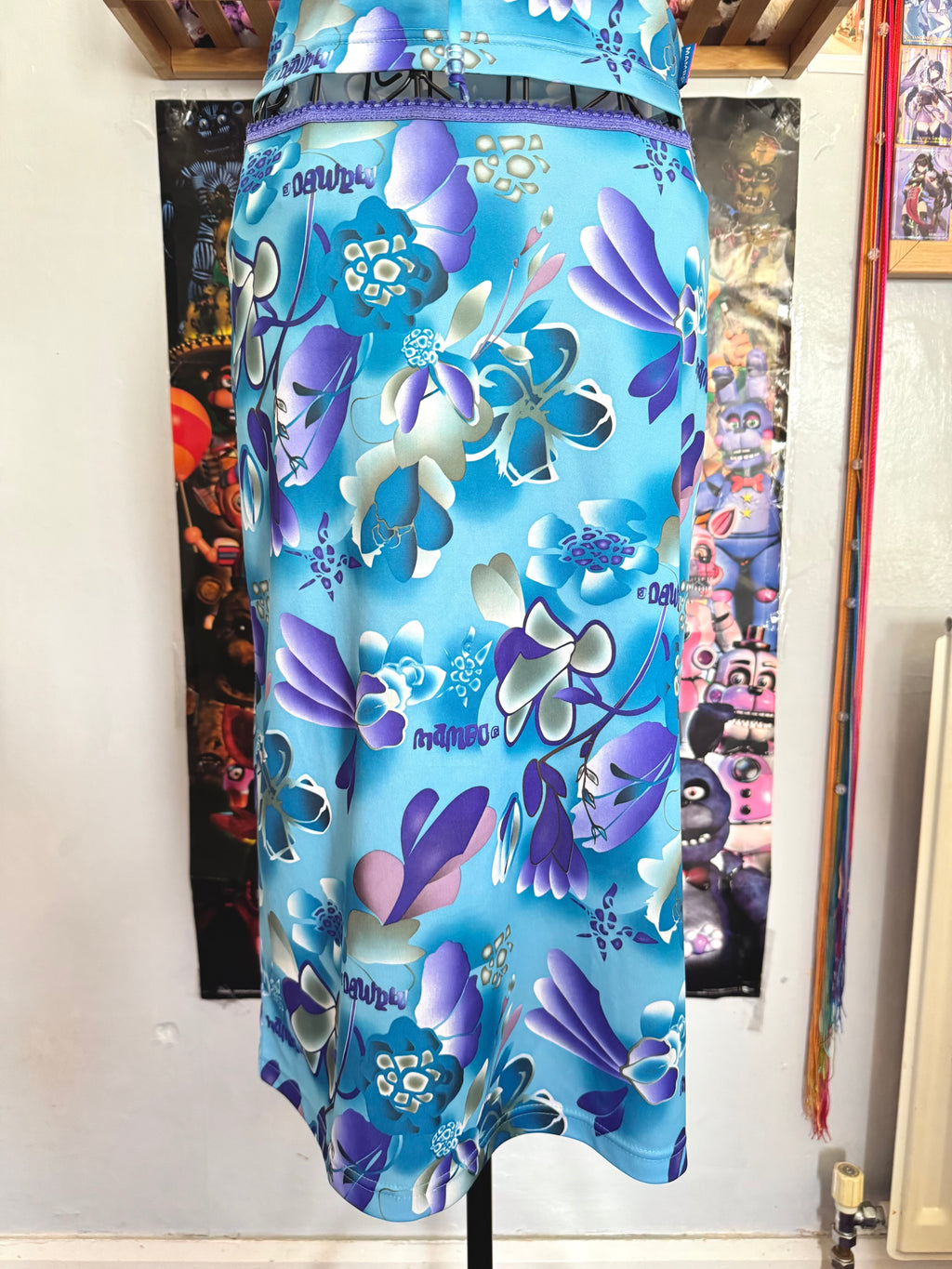 y2k vintage aqua blue h2o floral print two piece midi skirt and cami top set