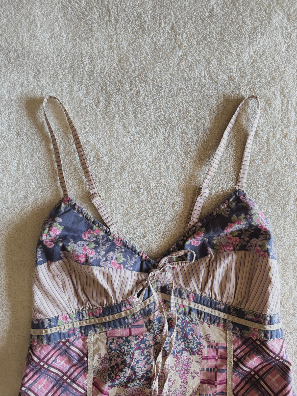 y2k vintage patchwork style criss-cross strap mixed print fitted cami top