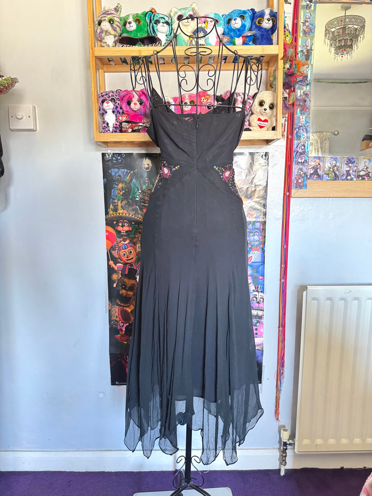 y2k vintage silk black and pink butterfly sequin embellished floaty fairy hem midaxi length dress