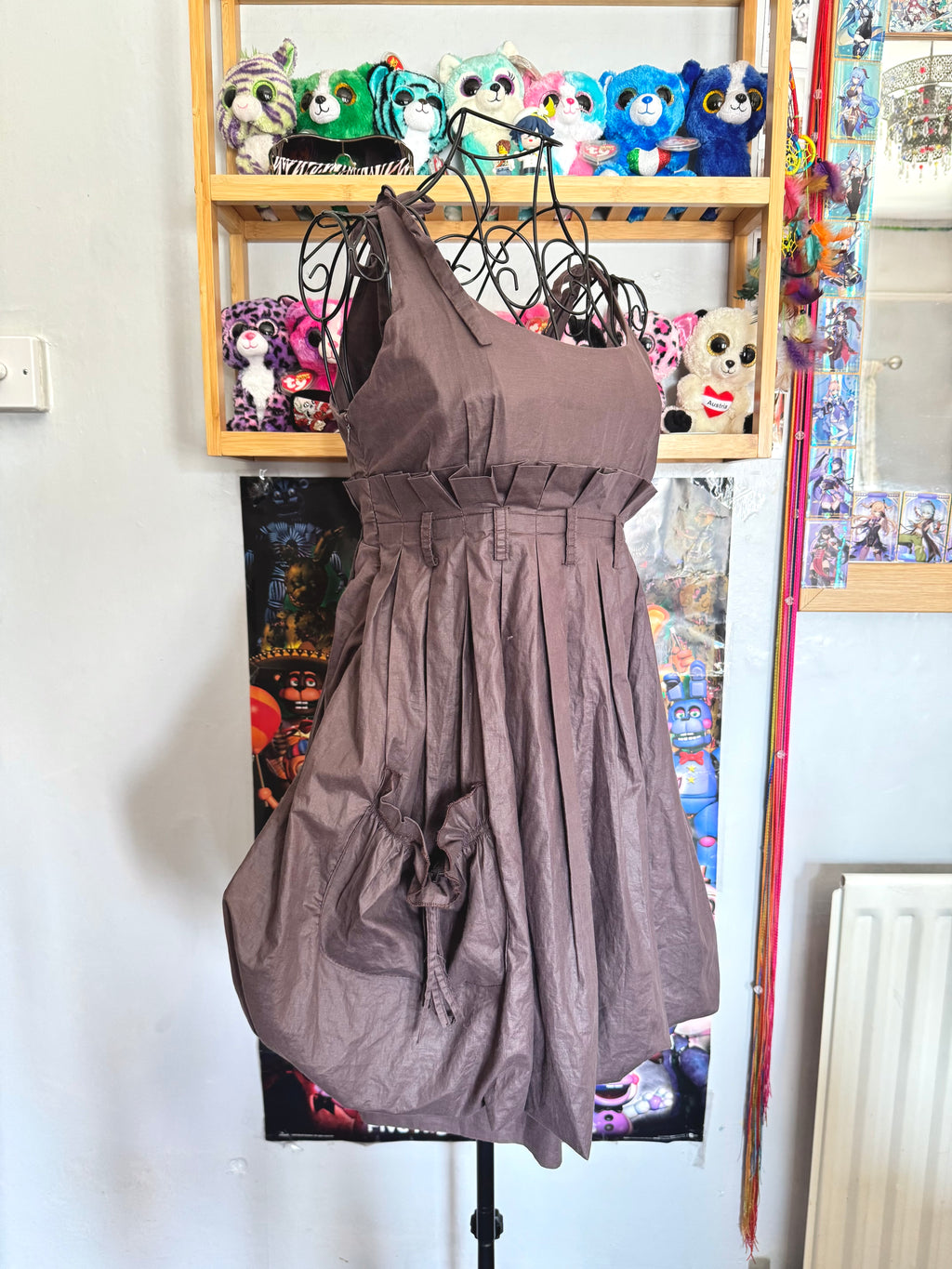 y2k vintage chocolate brown bubble hem floaty babydoll mini dress festival archival