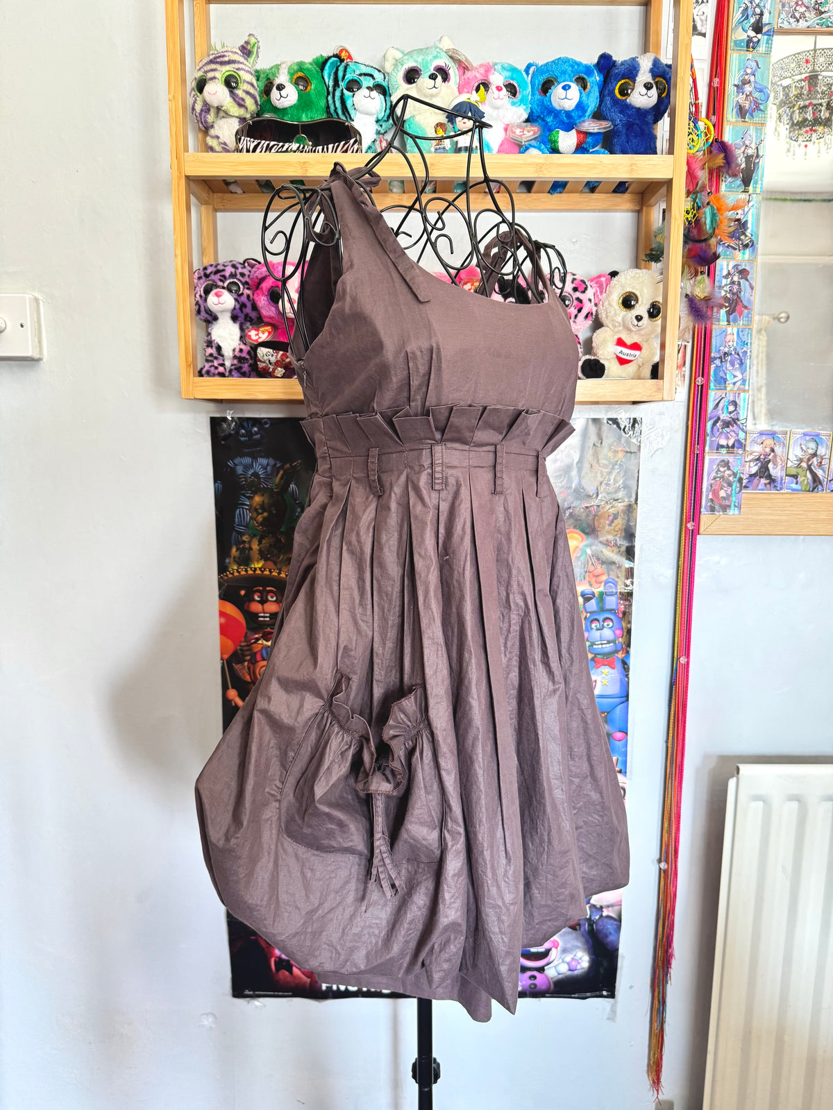 y2k vintage chocolate brown bubble hem floaty babydoll mini dress festival archival