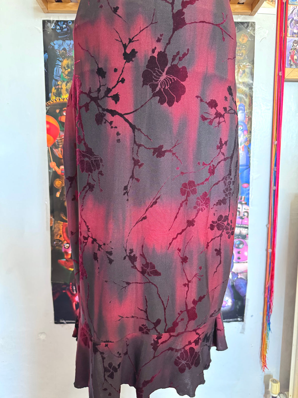 y2k vintage red and black velvet floral midi dress