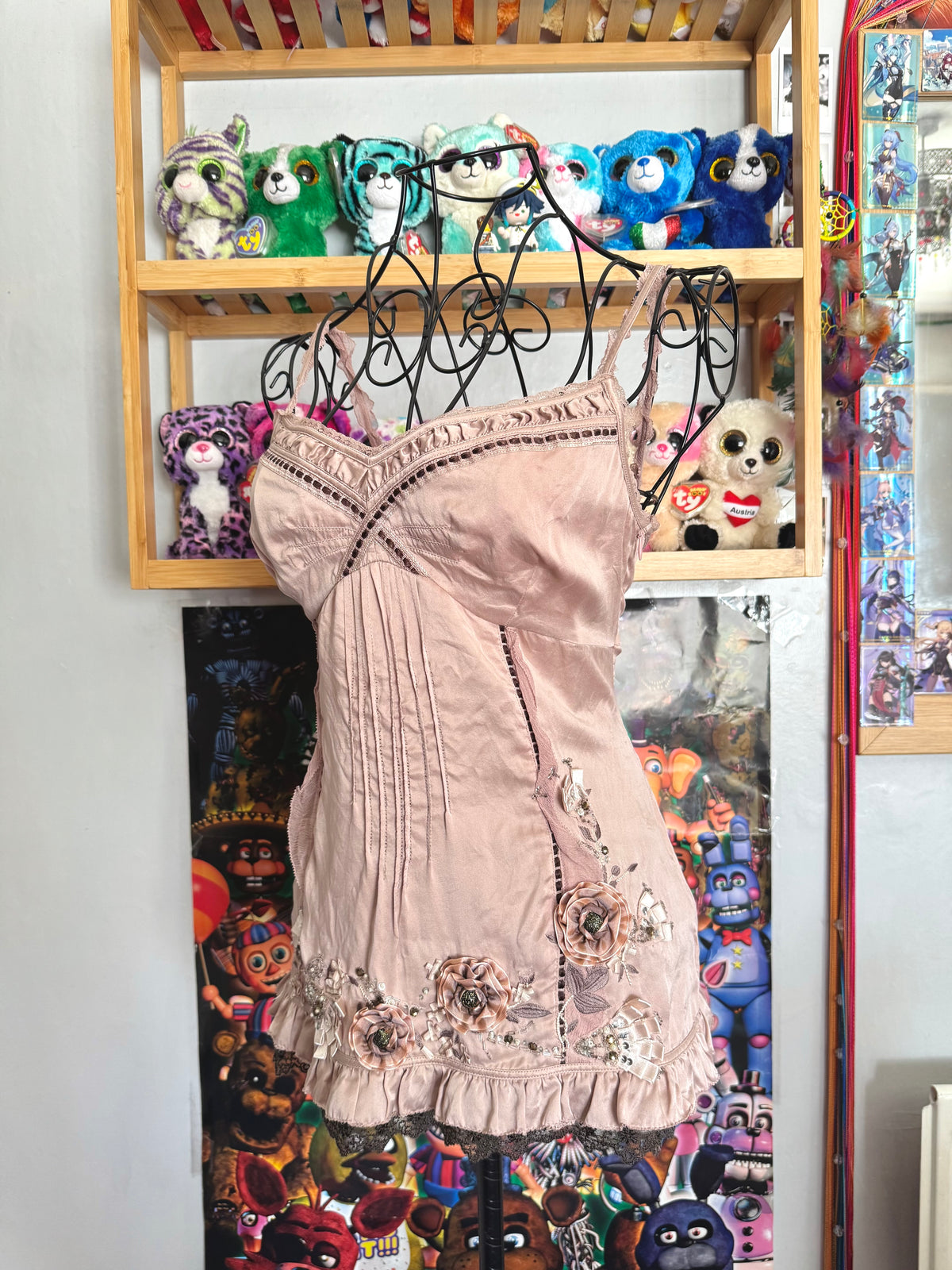 y2k vintage dusky pink silk cami top with 3D flowers embellished