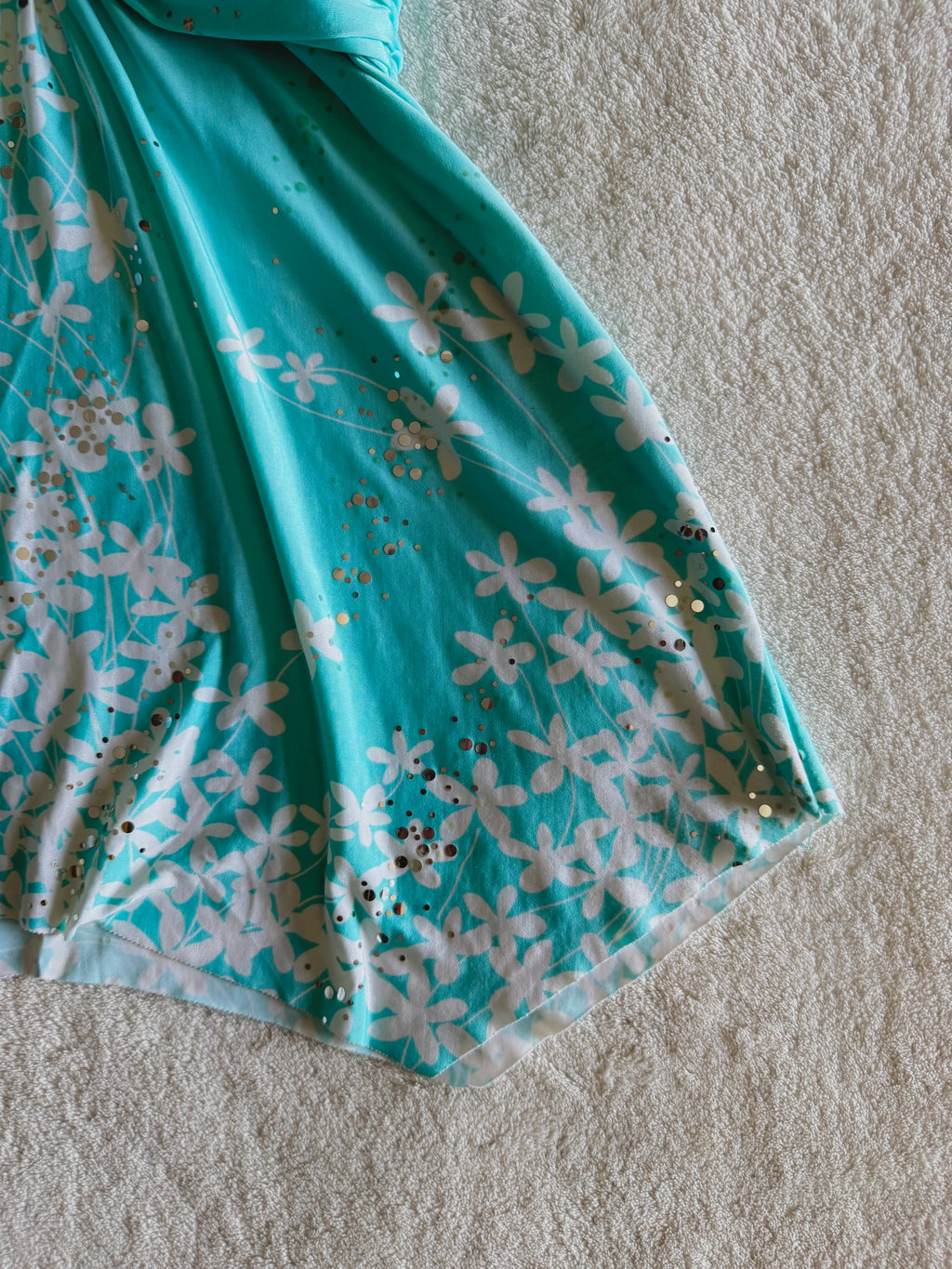 y2k vintage turquoise blue floral slinky fitted cami top with sequins