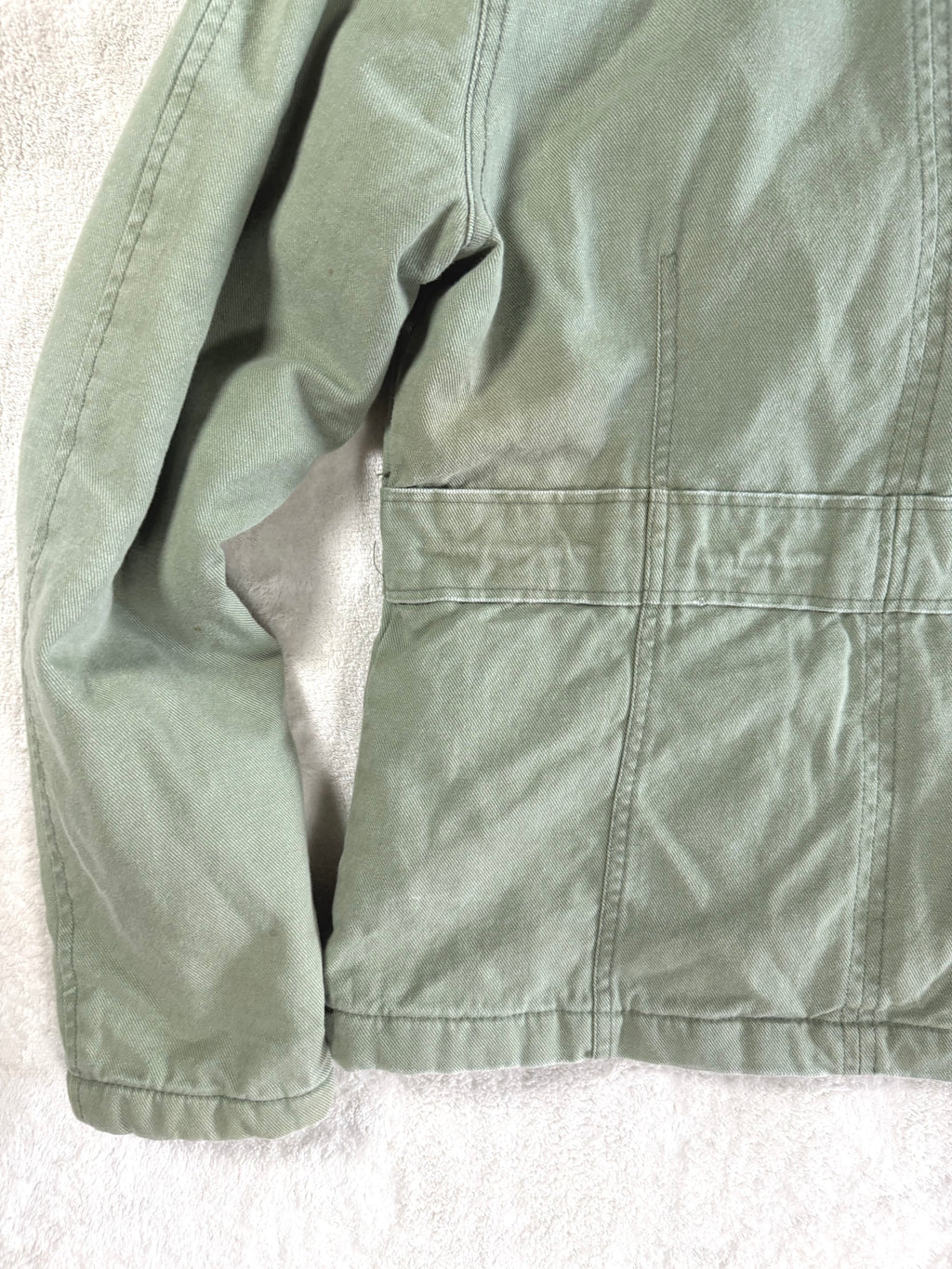 y2k vintage sage green fitted button up parka jacket with faux fur trim hood and cinch waist