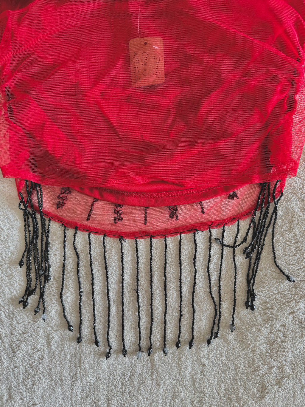 y2k vintage red fitted mesh cami top with black dangle beading and sequin embroidery