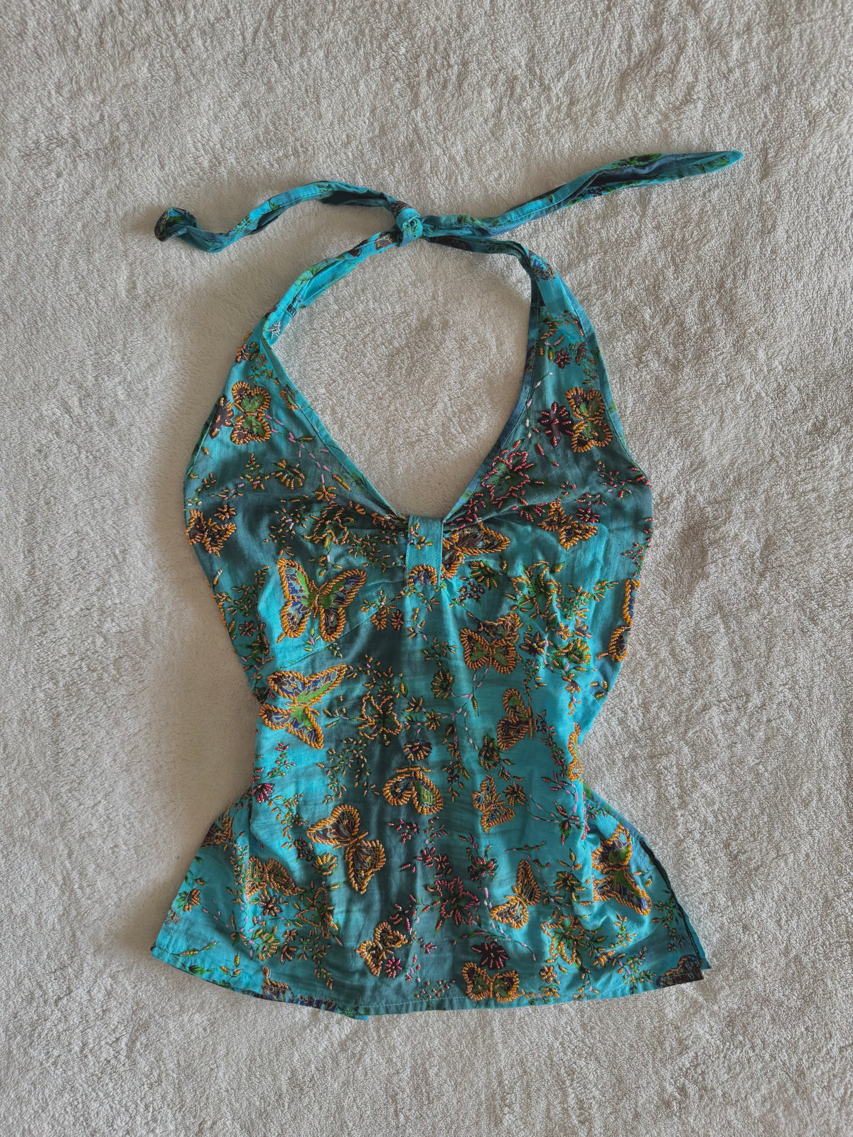 y2k vintage aqua and teal blue fitted beaded butterfly halterneck cami top