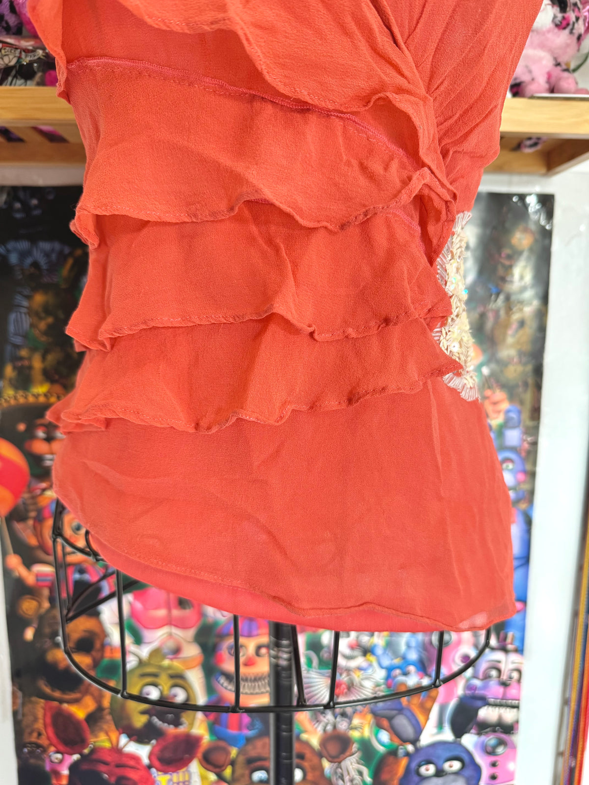 y2k vintage coral pink silk halter cami top with asymmetrical hem and tiered ruffles